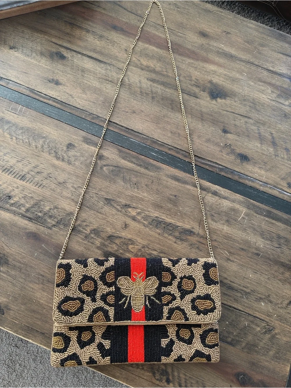 Leopard Beaded Clutch with Embroidered Bee and Red-Black Stripe